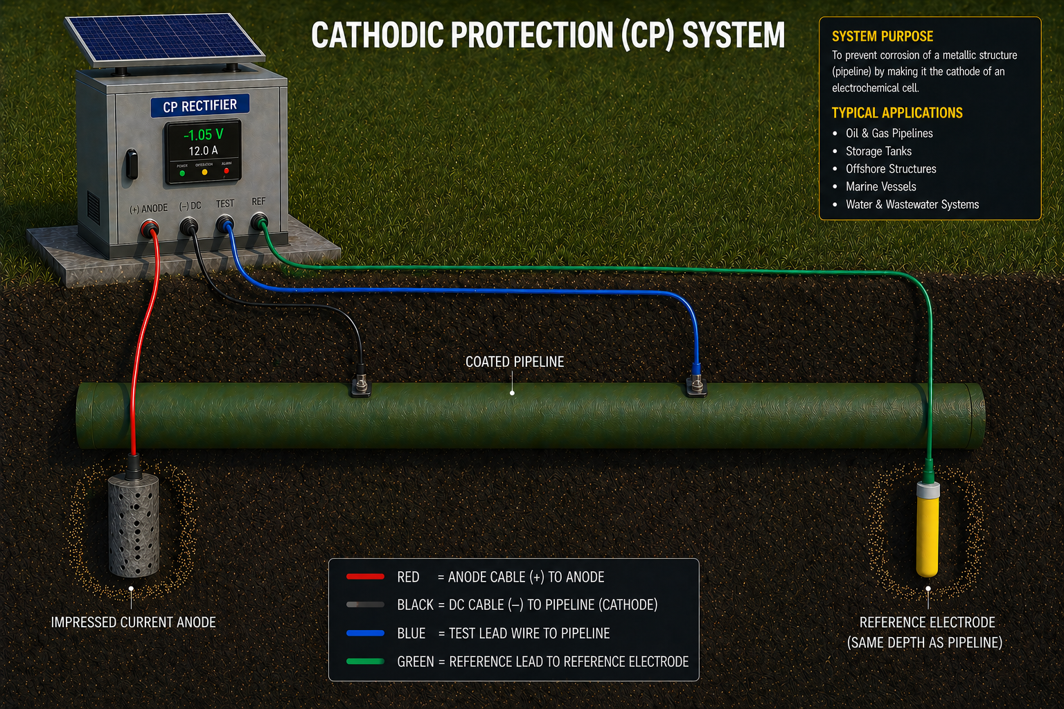 Cathodic Protection (CP) System diagram showing CP rectifier, impressed current anode, coated pipeline, and reference electrode