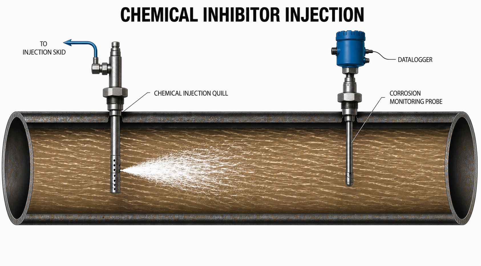 Chemical Inhibitor Injection diagram showing chemical injection quill, corrosion monitoring probe, and datalogger on a pipeline cross-section