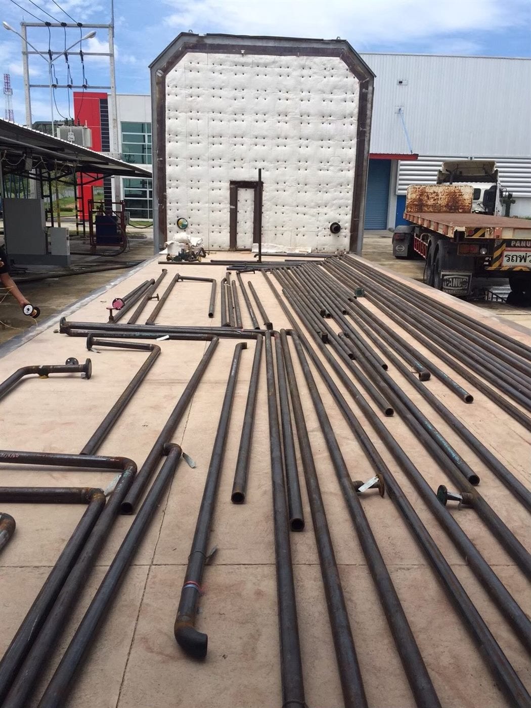 Pipework staged outside a heat treatment furnace