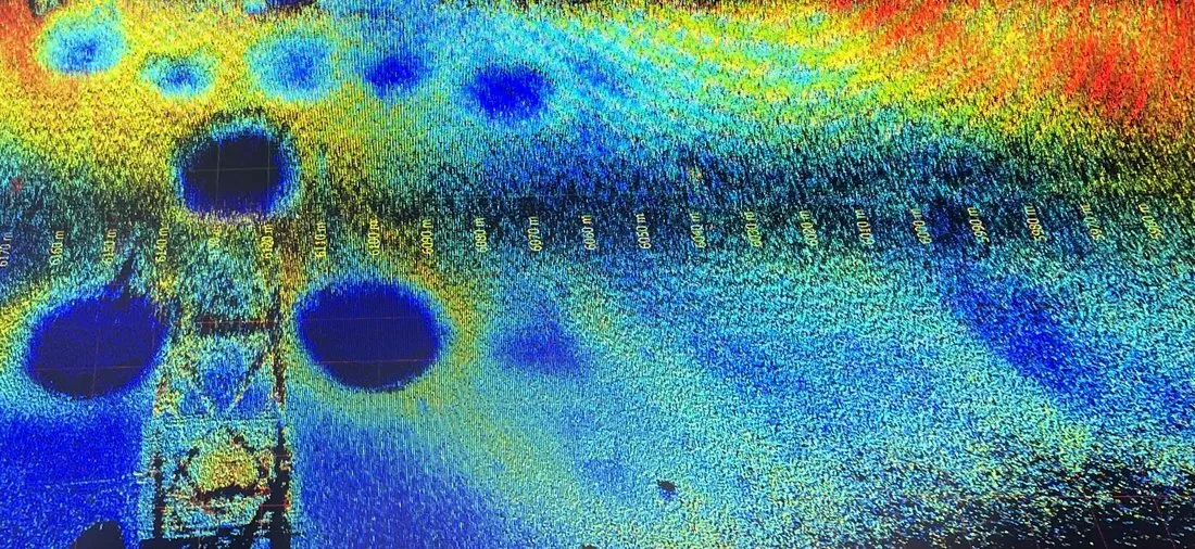 Colour multi-beam echo sounder image of the seabed