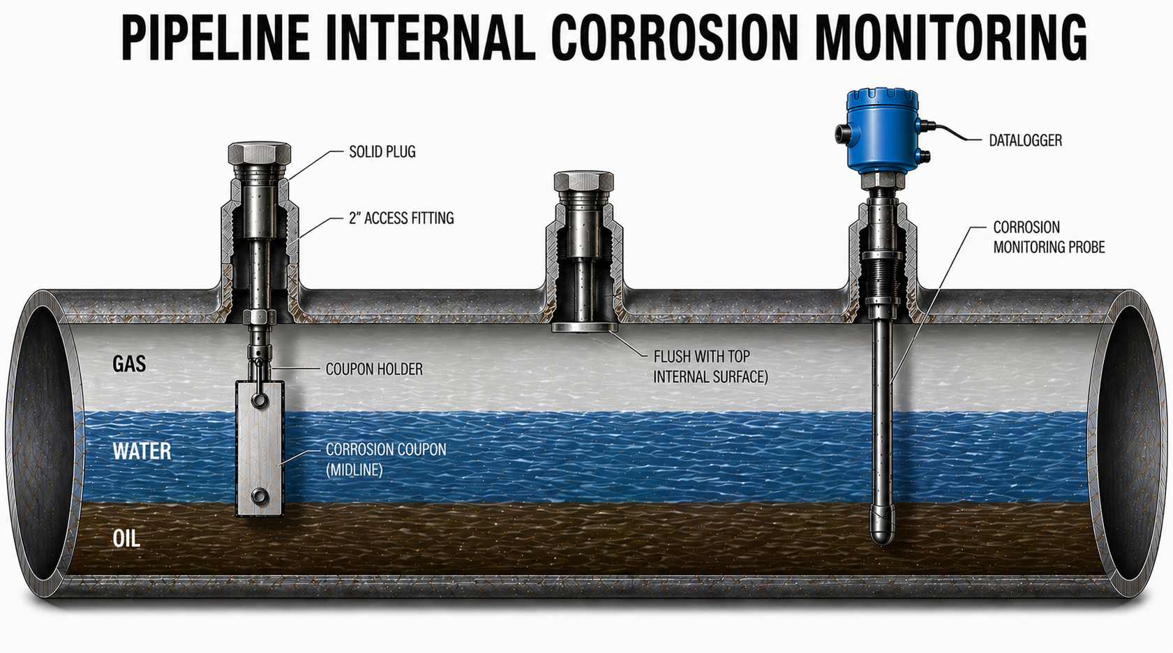 Pipeline internal corrosion monitoring — multi-phase gas, water and oil cross-section showing coupon holder and monitoring probe